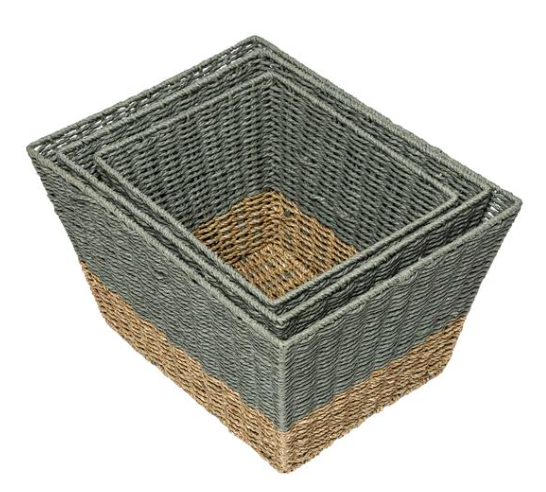Set of 3 Rect Nesting Seagrass 2-Color Storage Baskets, Natural & Grey