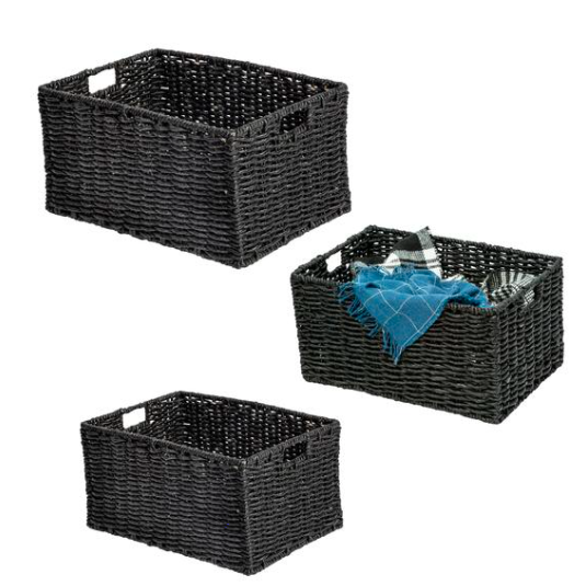 Set of 3 Nesting Rectangle twisted sea grass Baskets, Black