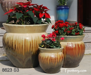 Handmade round big ceramic flower garden planter, set of 3