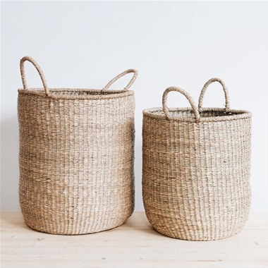 Tall natural seagrass basket with handles, set of 2