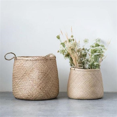 Natural round pressed seagrass basket, set of 2