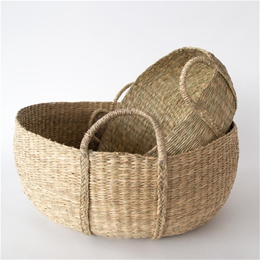 Round storage sea-grass basket with handles, set of 2 