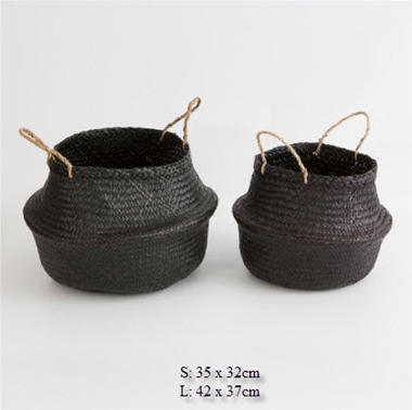 Storage baskets with handle/Black Seagrass belly basket, S/2