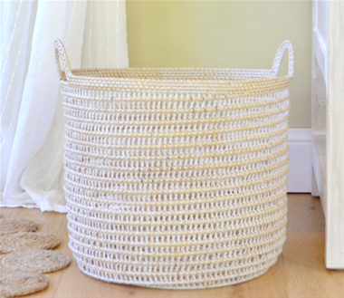 Whitewash Open Weave Storage Basket Medium - Rattan Toy or Towel  Basket 