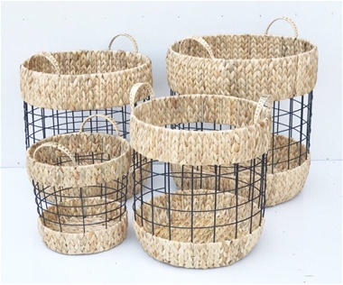 ROUND NATURAL WATER-HYACINTH LAUNDRY BASKET S/4