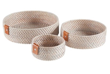 White-washed Round rattan storage basket, Set of 3