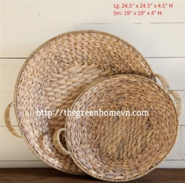 ROUND NATURAL WATER-HYACINTH TRAY WITH HANDLES, IRON FRAME